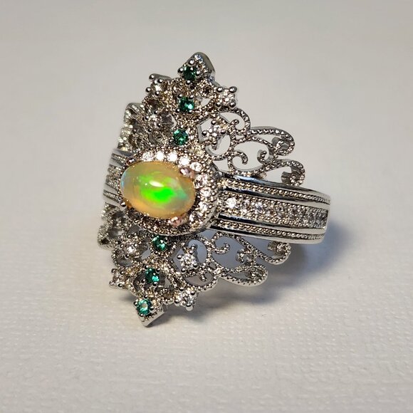 NIB 925 Art Deco Natural Opal & Tsavorite Accent Ornate Scroll Ring Sz 8.5 - Picture 2 of 12